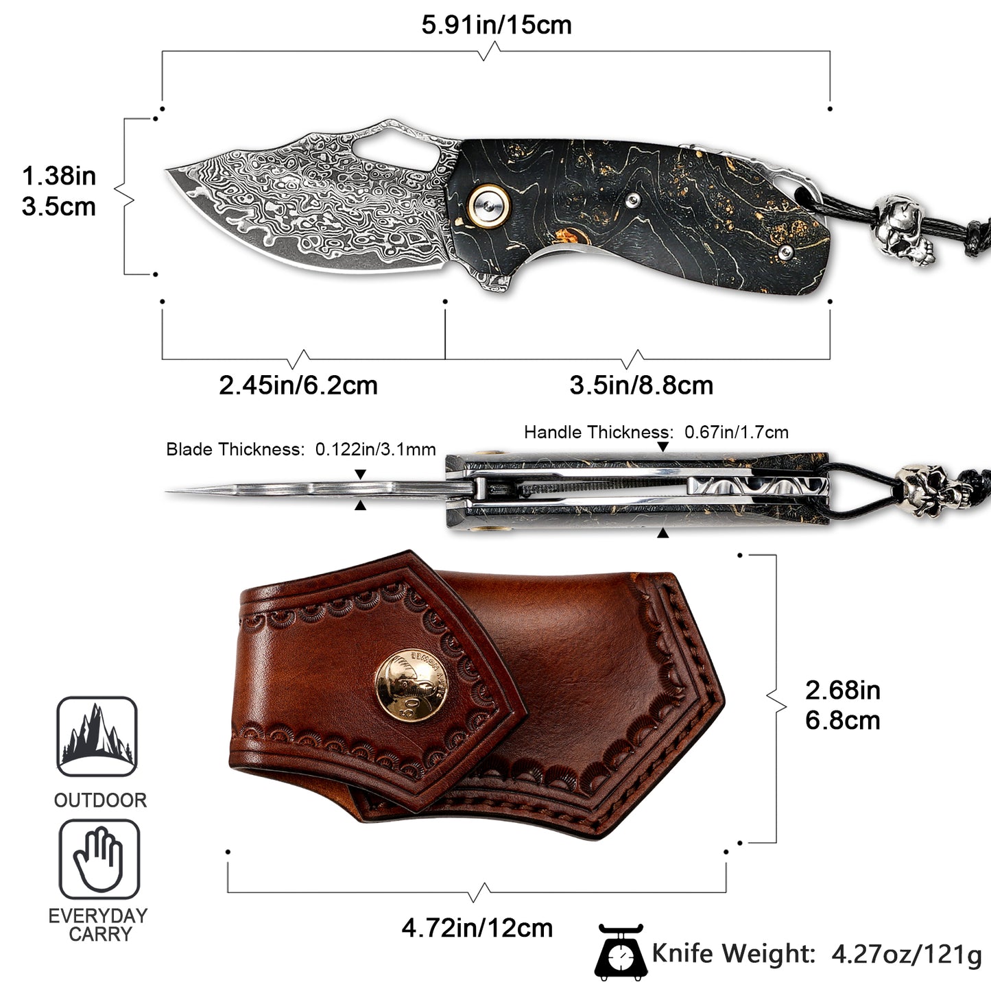 VNLA Handmade Damascus Steel Pocket folding Knife.2.45in High Sharp Blades folding knife,Stabilized cured wood handles.With Cowhide Sheath.Men's EDC Knife for Outdoor Adventure.Travel Hiking Camping Knife.