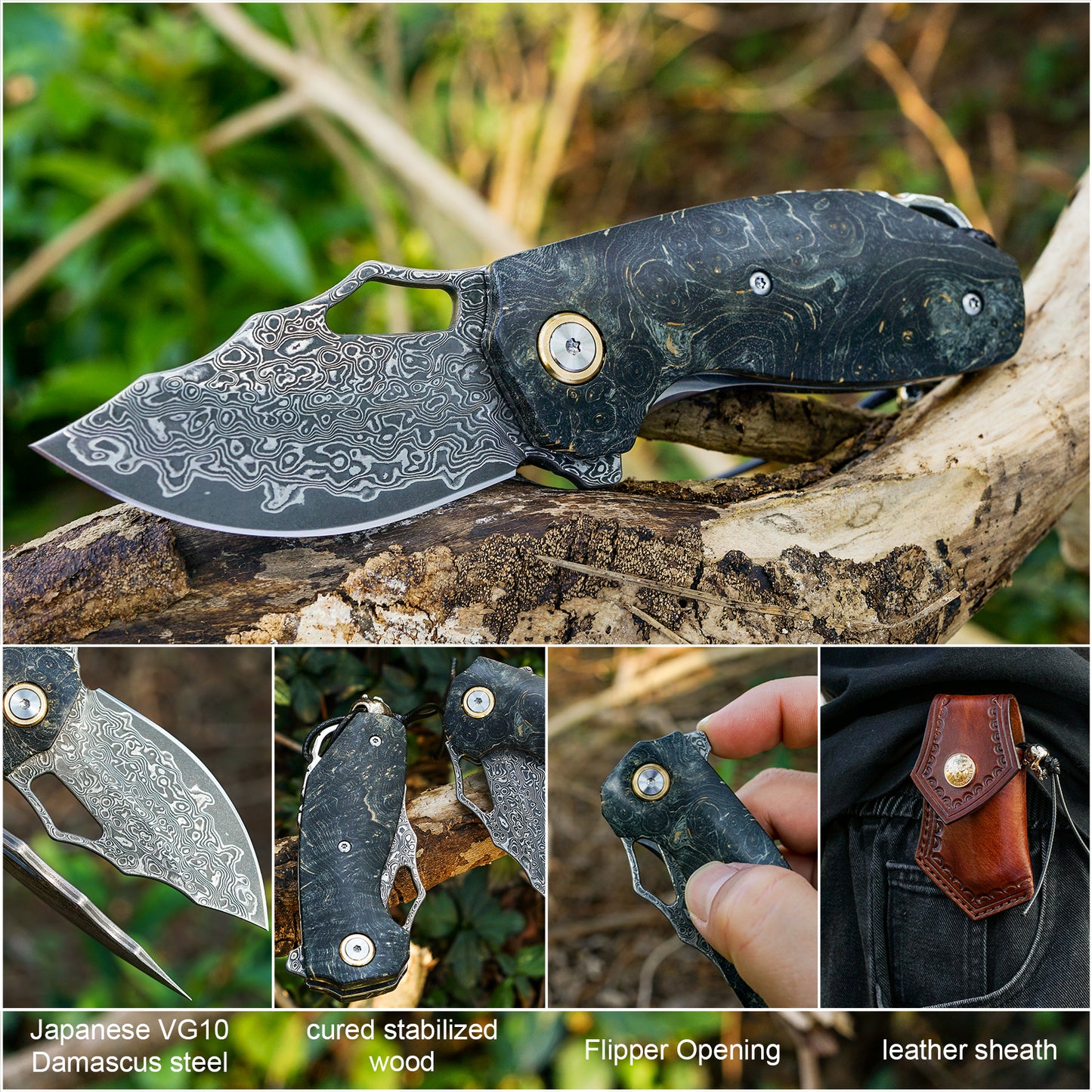 VNLA Handmade Damascus Steel Pocket folding Knife.2.45in High Sharp Blades folding knife,Stabilized cured wood handles.With Cowhide Sheath.Men's EDC Knife for Outdoor Adventure.Travel Hiking Camping Knife.