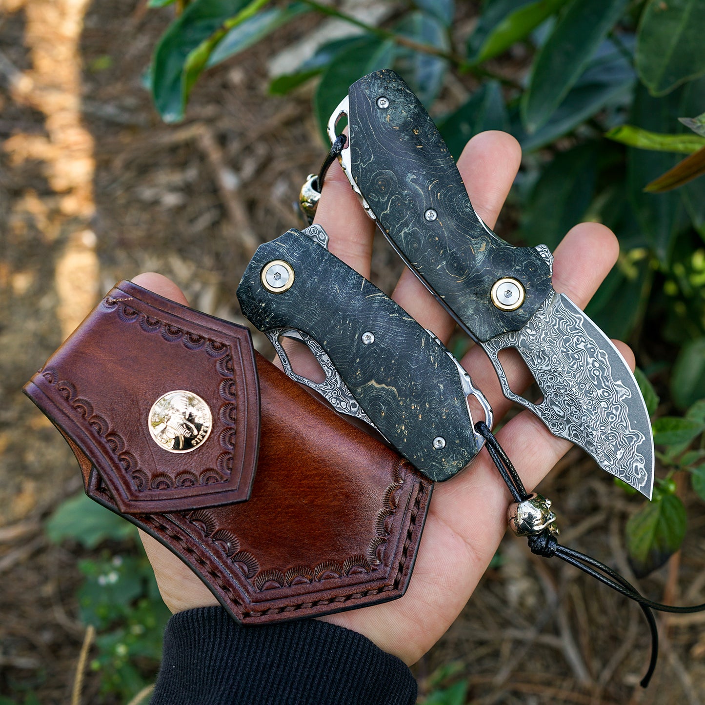 VNLA Handmade Damascus Steel Pocket folding Knife.2.45in High Sharp Blades folding knife,Stabilized cured wood handles.With Cowhide Sheath.Men's EDC Knife for Outdoor Adventure.Travel Hiking Camping Knife.
