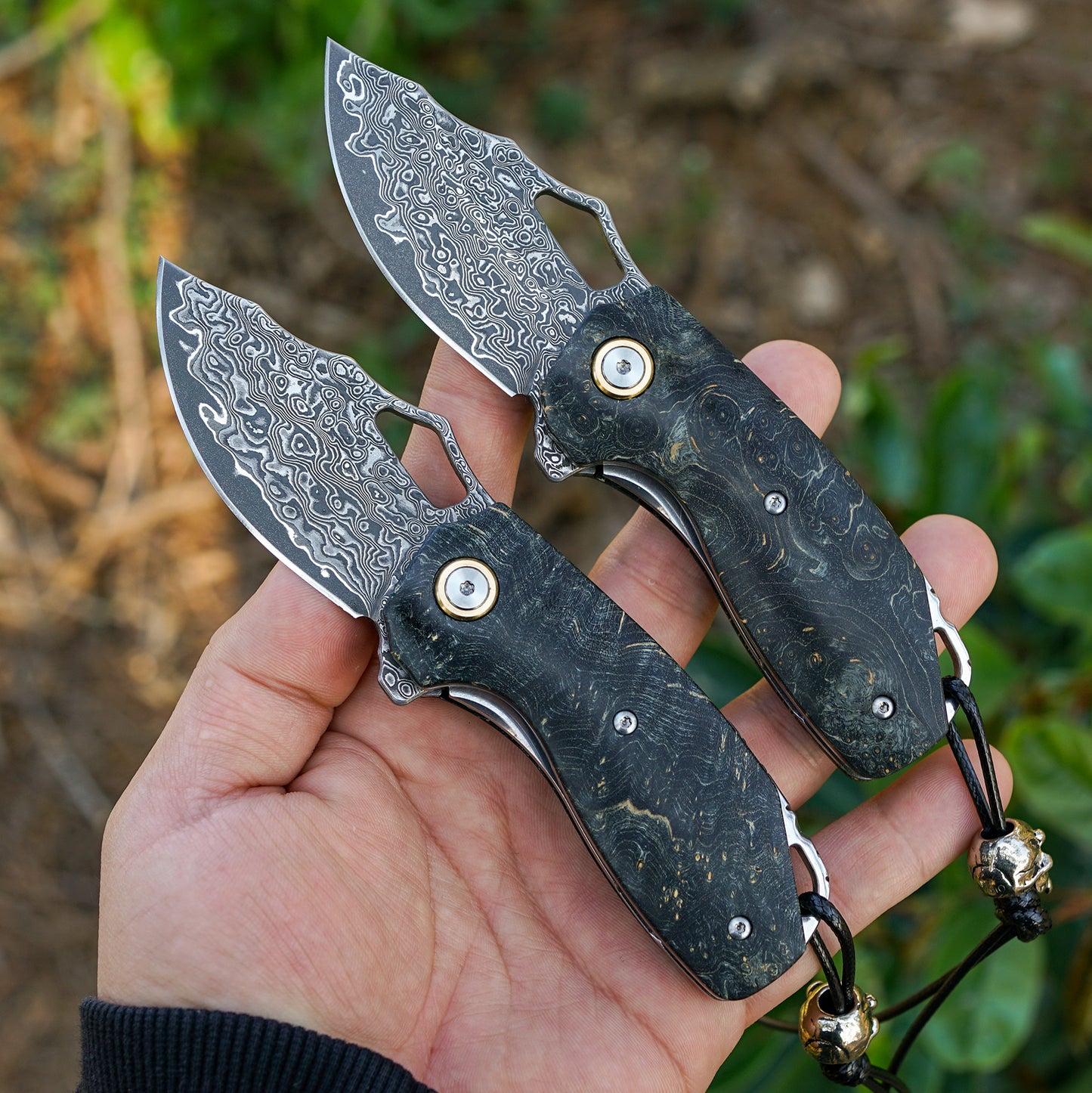 VNLA Handmade Damascus Steel Pocket folding Knife.2.45in High Sharp Blades folding knife,Stabilized cured wood handles.With Cowhide Sheath.Men's EDC Knife for Outdoor Adventure.Travel Hiking Camping Knife.