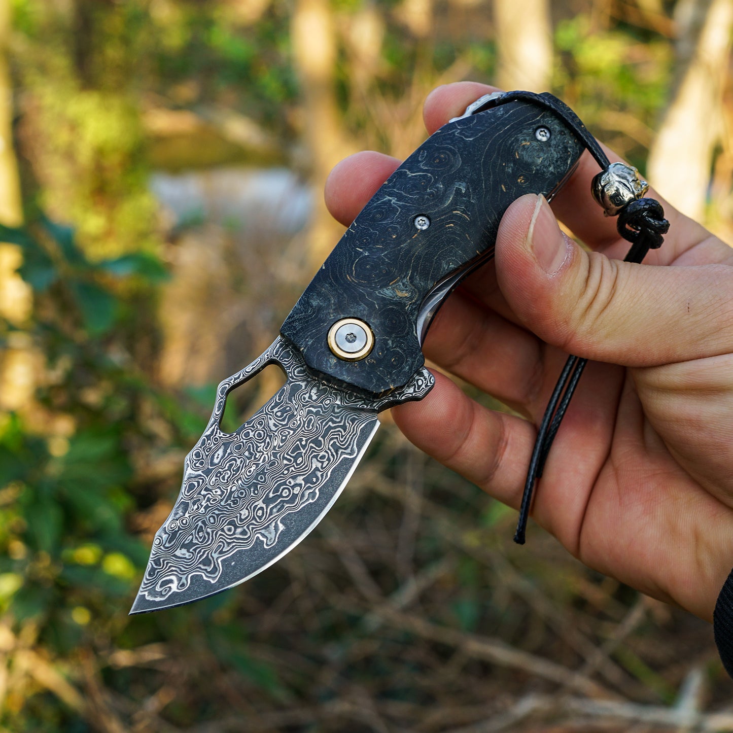 VNLA Handmade Damascus Steel Pocket folding Knife.2.45in High Sharp Blades folding knife,Stabilized cured wood handles.With Cowhide Sheath.Men's EDC Knife for Outdoor Adventure.Travel Hiking Camping Knife.