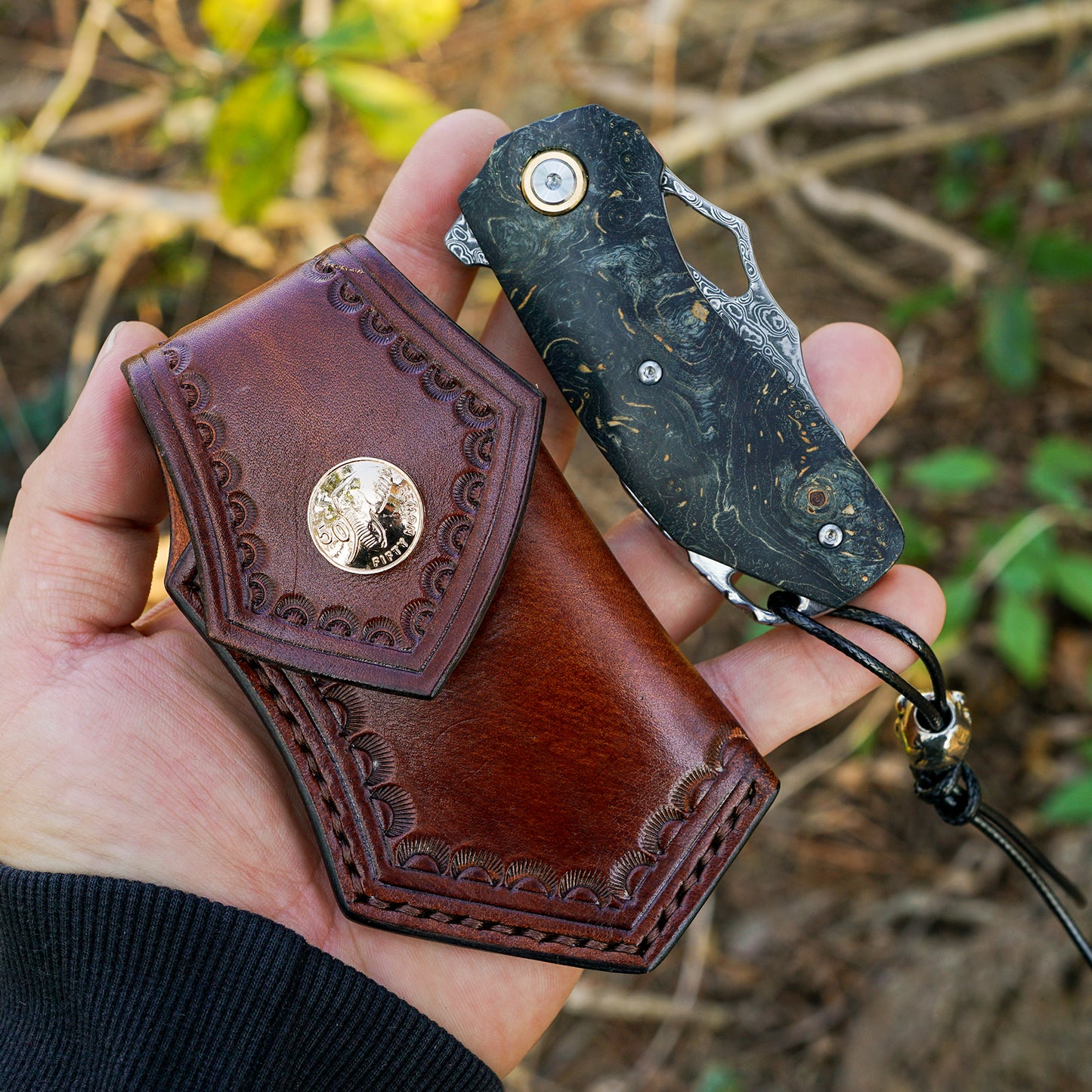 VNLA Handmade Damascus Steel Pocket folding Knife.2.45in High Sharp Blades folding knife,Stabilized cured wood handles.With Cowhide Sheath.Men's EDC Knife for Outdoor Adventure.Travel Hiking Camping Knife.
