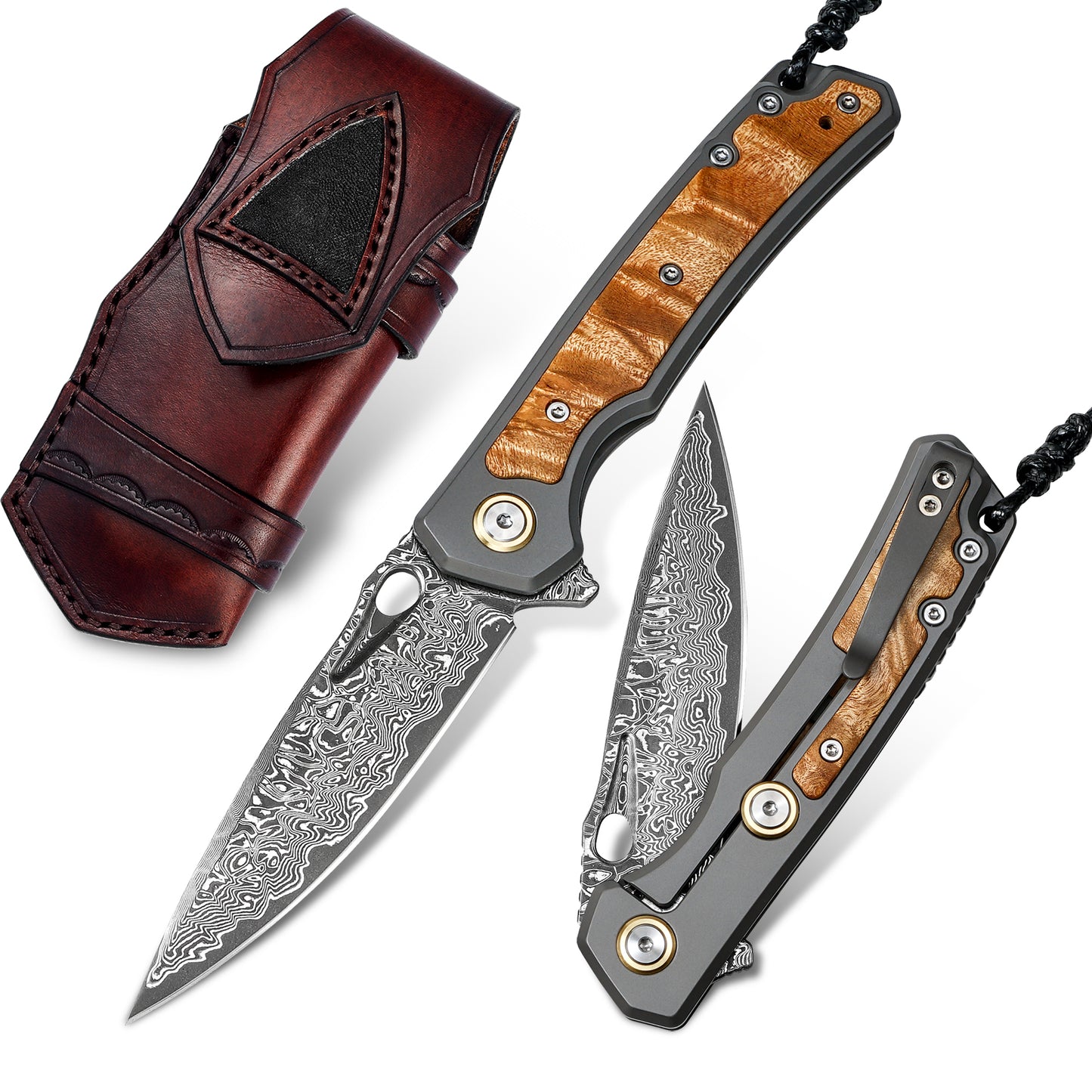 VNLA handmade Japan Damascus steel pocket knife,3.39in VG10 blade men and women Folding knife,With holster,Frame lock,Maple handle,Reversible Pocket Clip,Suitable for EDC outdoor camping