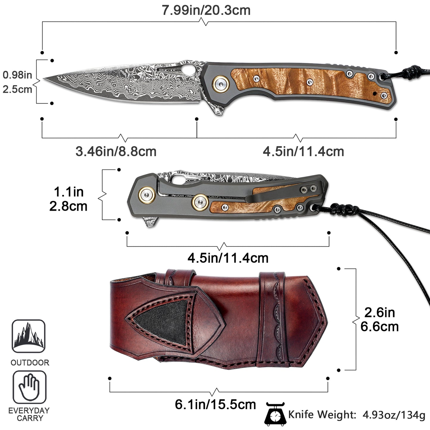 VNLA handmade Japan Damascus steel pocket knife,3.39in VG10 blade men and women Folding knife,With holster,Frame lock,Maple handle,Reversible Pocket Clip,Suitable for EDC outdoor camping
