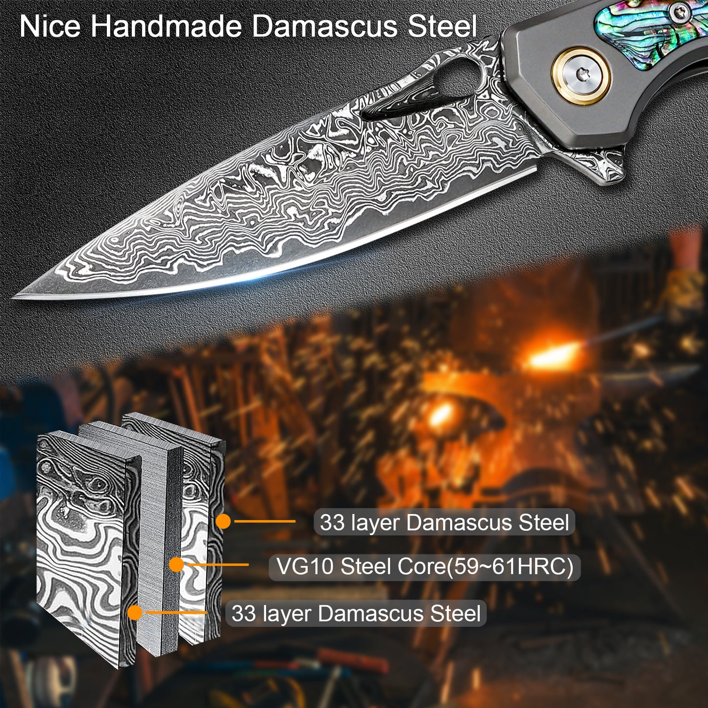 VNLA handmade Japan Damascus steel pocket knife,3.39in VG10 blade men and women Folding knife,With holster,Frame lock,Maple handle,Reversible Pocket Clip,Suitable for EDC outdoor camping