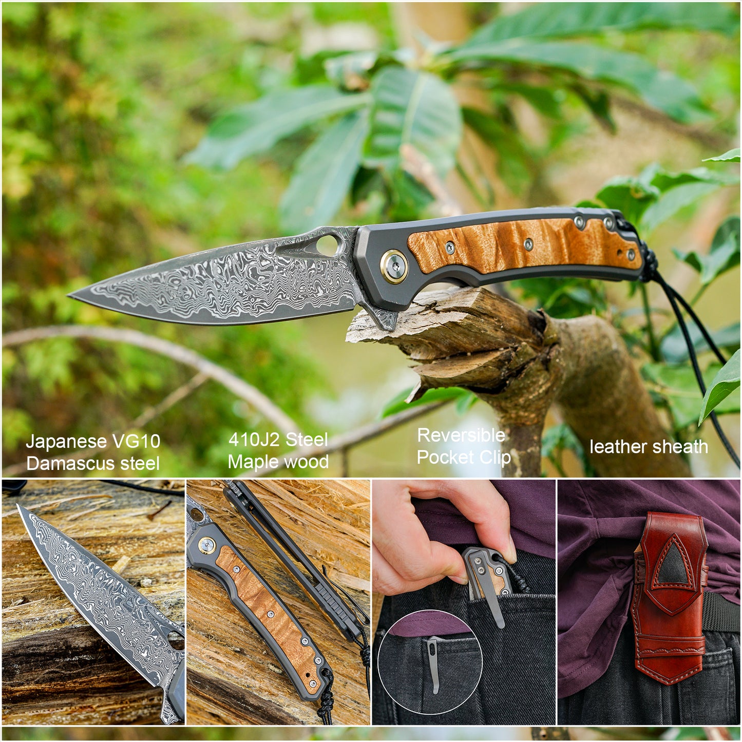 VNLA handmade Japan Damascus steel pocket knife,3.39in VG10 blade men and women Folding knife,With holster,Frame lock,Maple handle,Reversible Pocket Clip,Suitable for EDC outdoor camping