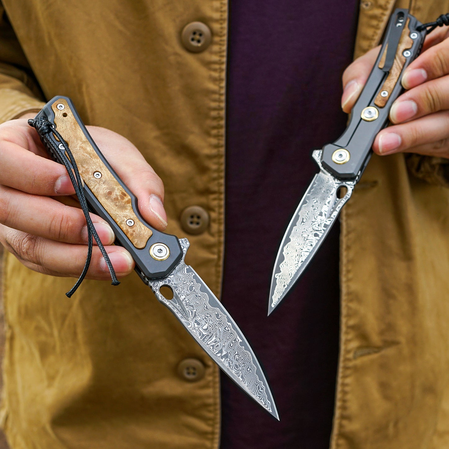 VNLA handmade Japan Damascus steel pocket knife,3.39in VG10 blade men and women Folding knife,With holster,Frame lock,Maple handle,Reversible Pocket Clip,Suitable for EDC outdoor camping