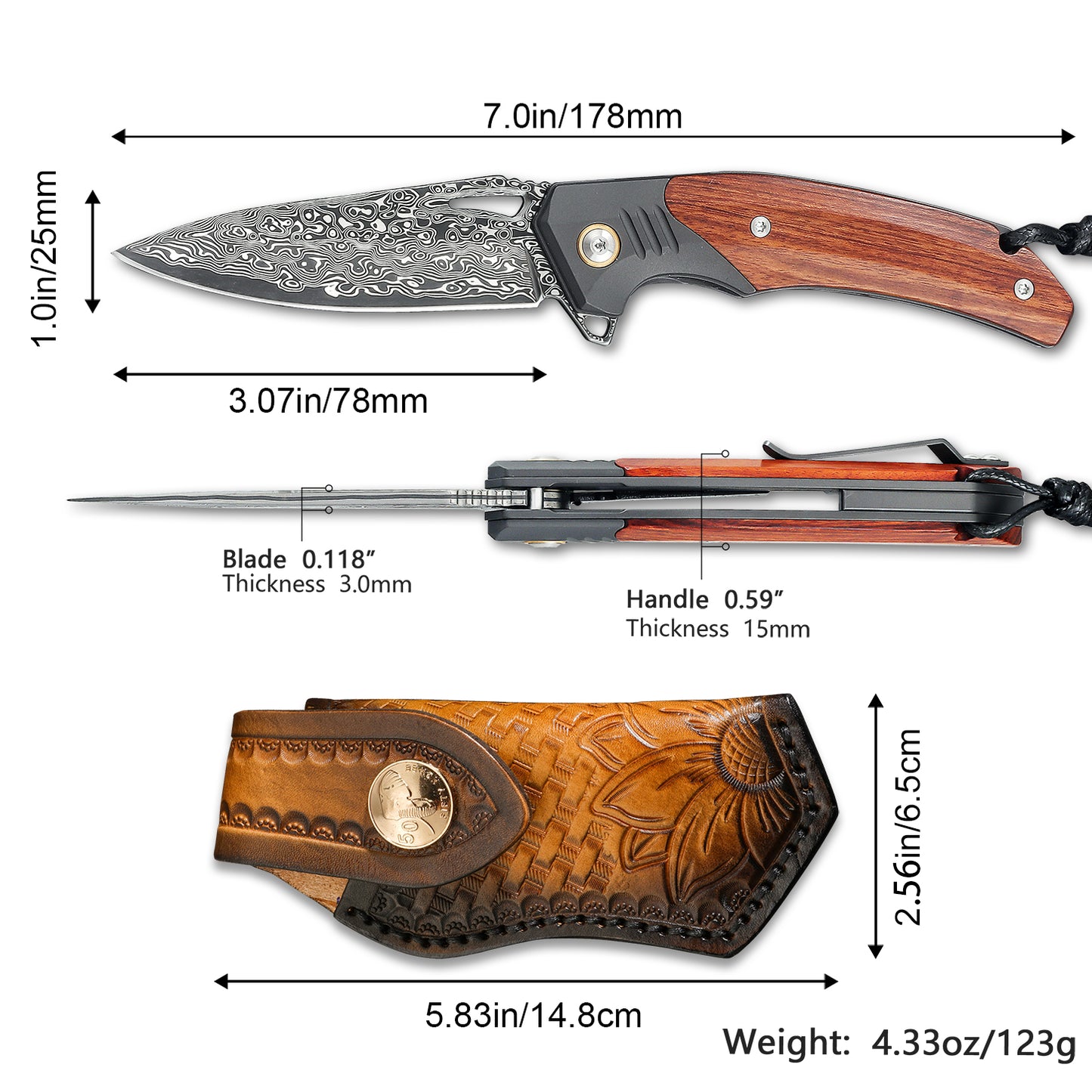 handmade Japan Damascus steel pocket knife, VG10 blade men and women Folding knife，With holster，Lining lock，resin and Maple handle，Suitable for EDC outdoor camping