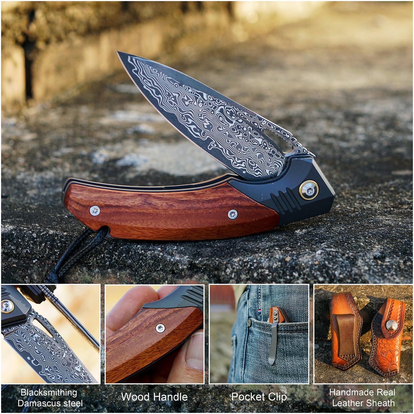 handmade Japan Damascus steel pocket knife, VG10 blade men and women Folding knife，With holster，Lining lock，resin and Maple handle，Suitable for EDC outdoor camping