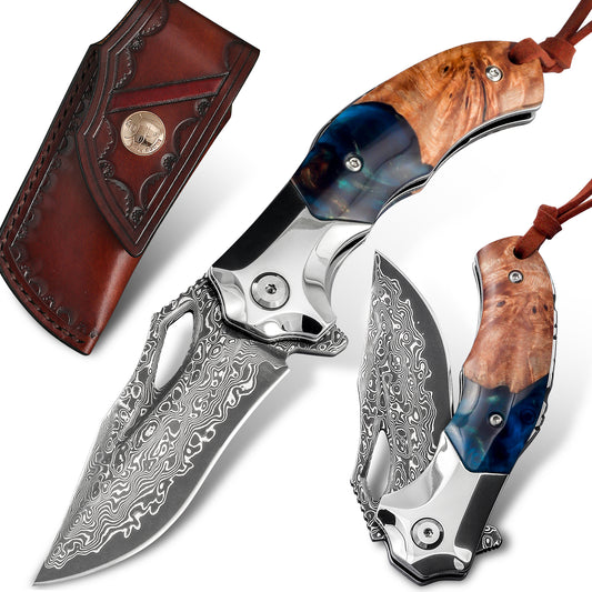 handmade Japan Damascus steel pocket knife，VG10 blade men and women Folding knife，With holster，Lining lock，resin and Maple handle，Suitable for EDC outdoor camping