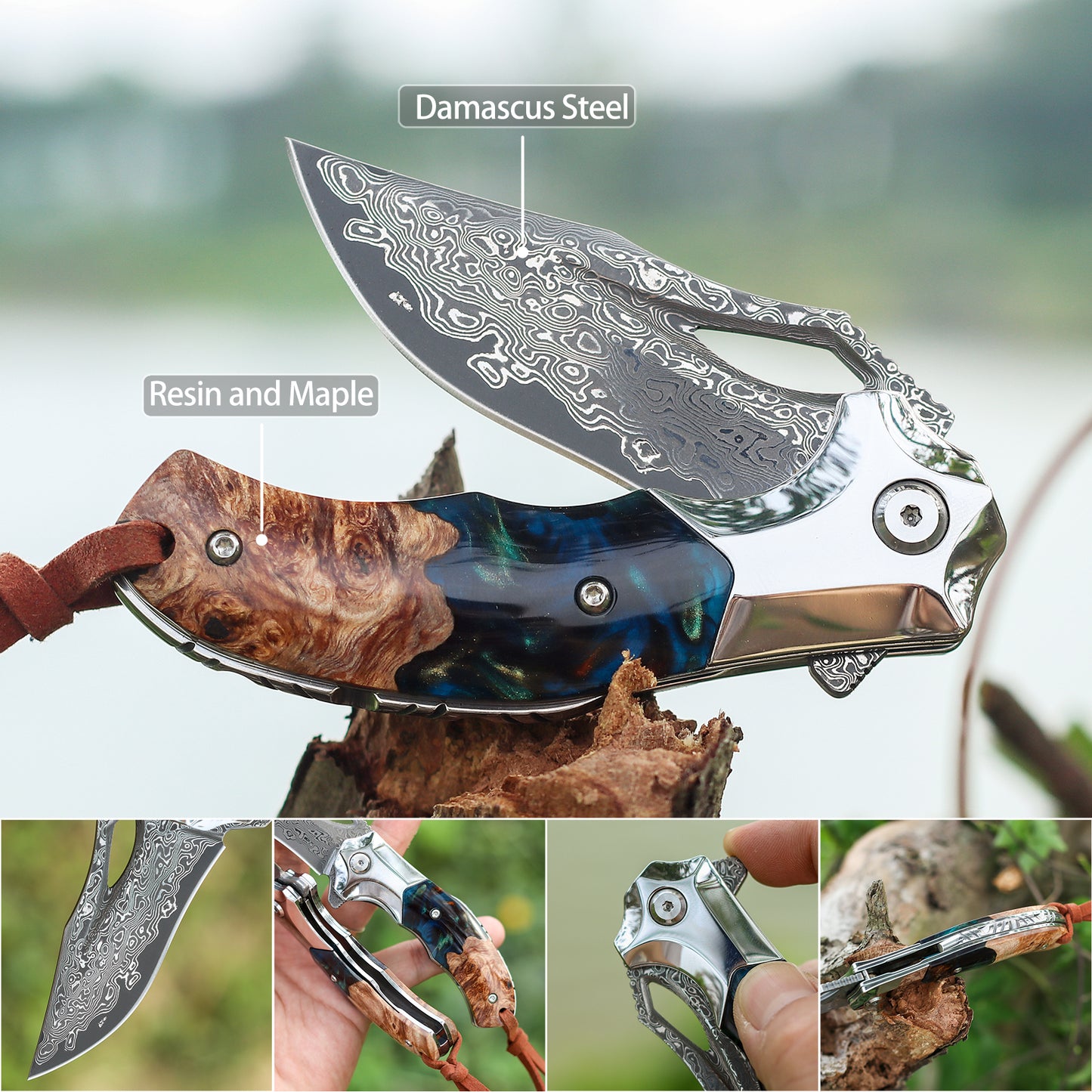 handmade Japan Damascus steel pocket knife，VG10 blade men and women Folding knife，With holster，Lining lock，resin and Maple handle，Suitable for EDC outdoor camping