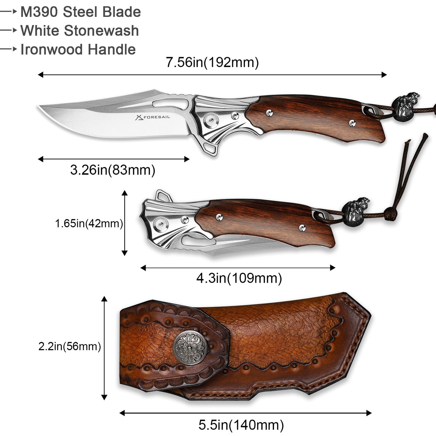 FORESAIL Flipper Pocket Folding Knife,M390 Steel Blade and Wood Handle. With leather case,men's pocket knife hiking trip EDC tool Knife.