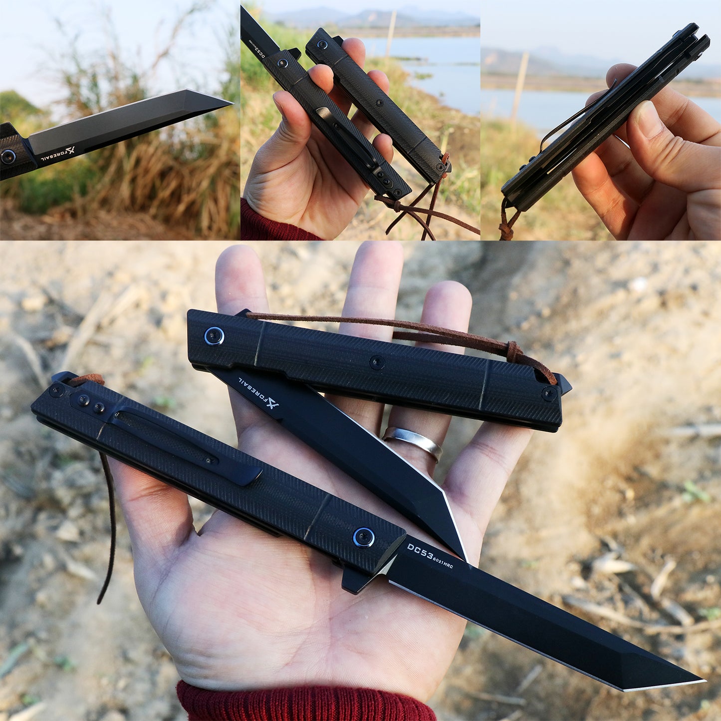 FORESAIL Folding pocket knives PVD DC53 Steel Blade Outdoor Camping EDC knife(Black PVD TantoPoint Blade)